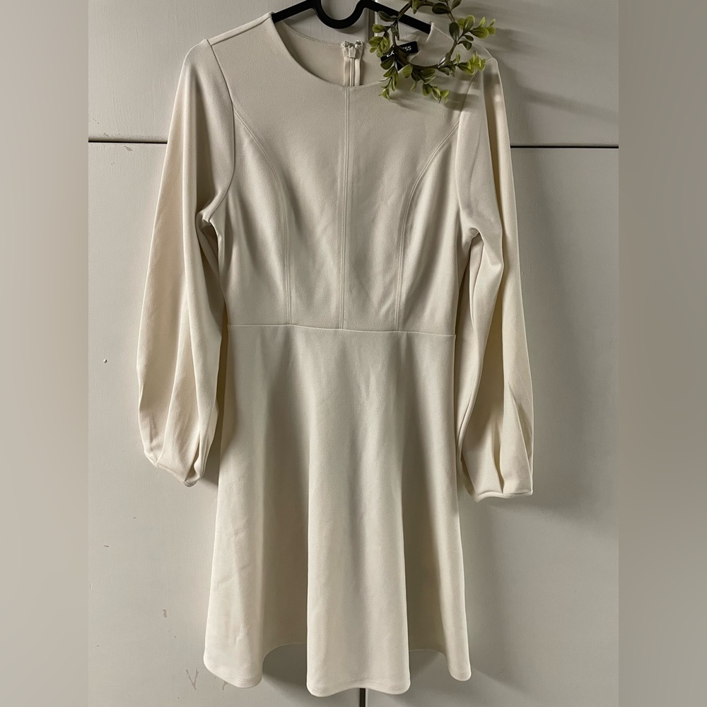 Express Women's Dress XS Midi Ivory Swing Long Sleeve A-Line Round Neck - Picture 2 of 7